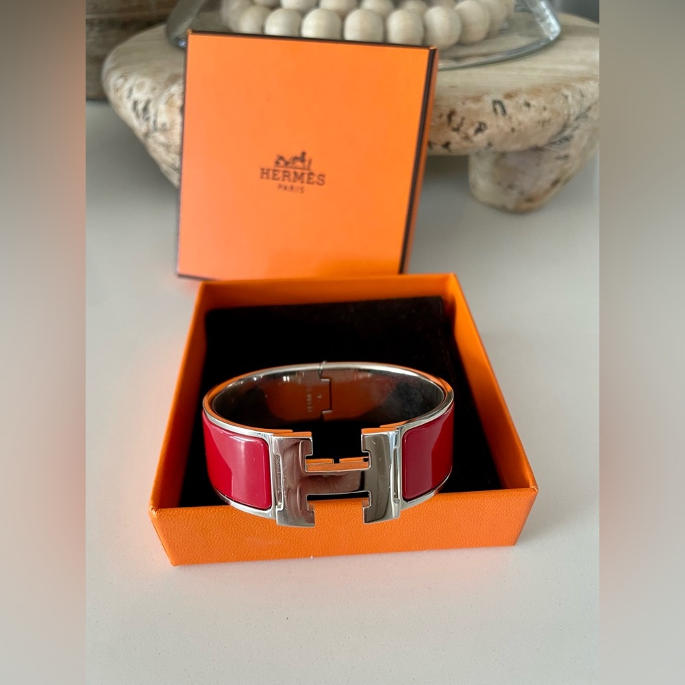 Hermes red/silver CLIC CLAC h wide bangle with box/dustbag